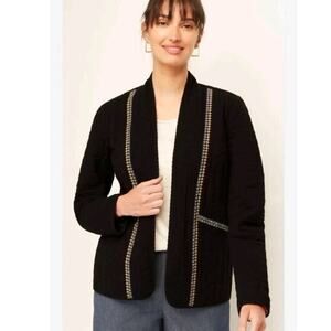 J Jill Pure Jill Seersucker Jacket Blazer XL TALL Black Open Front Embroidered